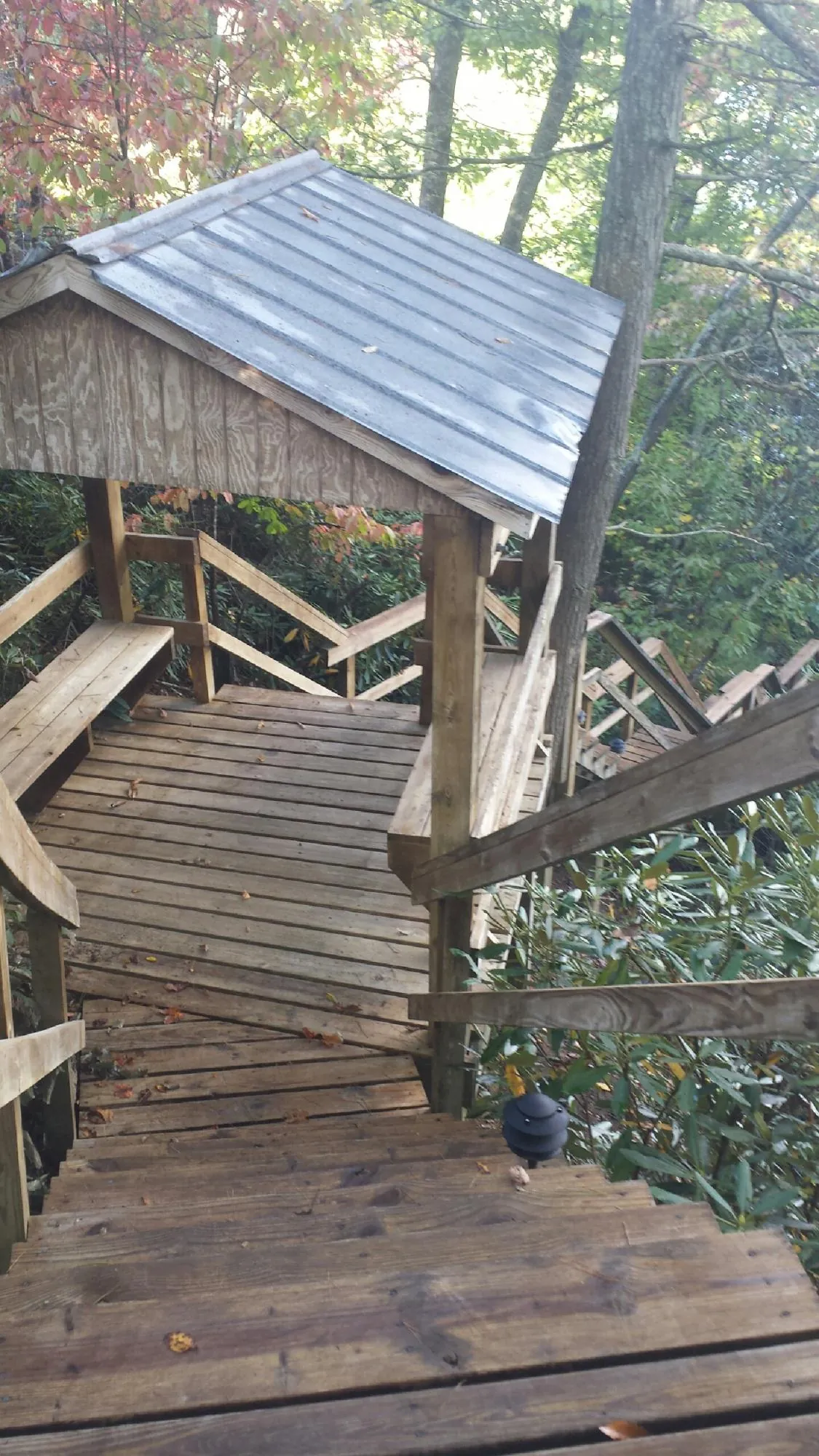 Metal roofed shelter over wooden steps on a wooded walkway — Skylight Repair & Installation work by our crew in Western Springs